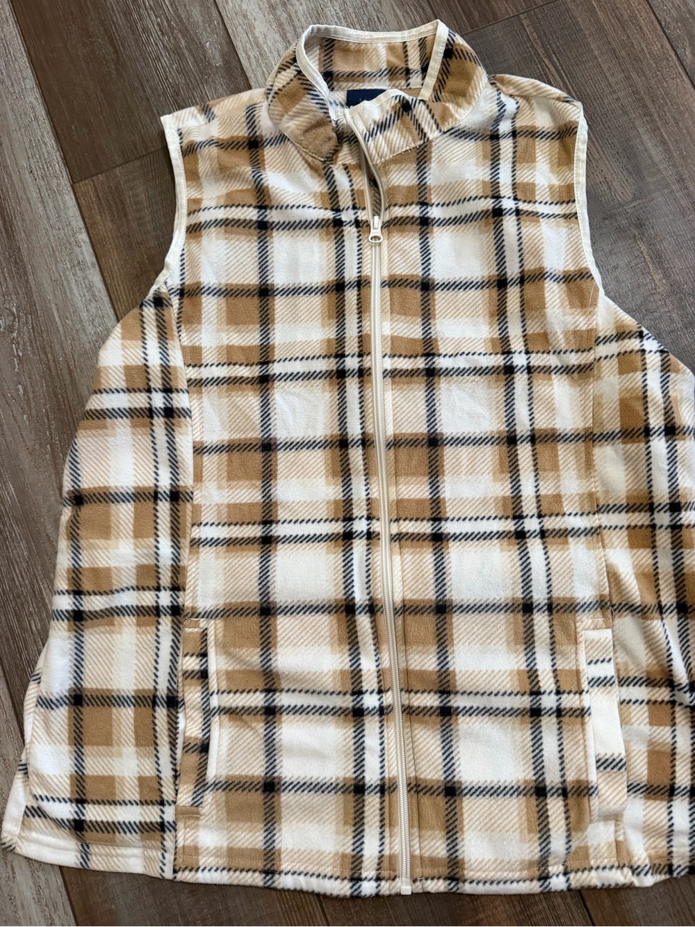 Basic Editions Cream and Black Plaid Fleece Vest